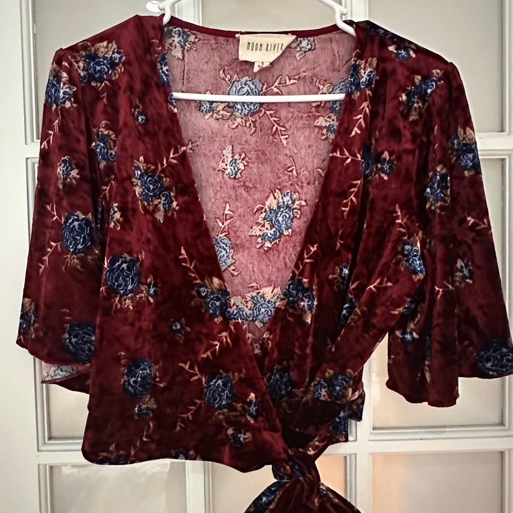 Moon River Burgundy Velvet Flutter Sleeve Wrap Blouse